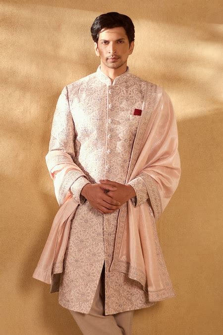 Buy Pink Sherwani And Stole Silk Embroidered Floral Jaal Set For Men By