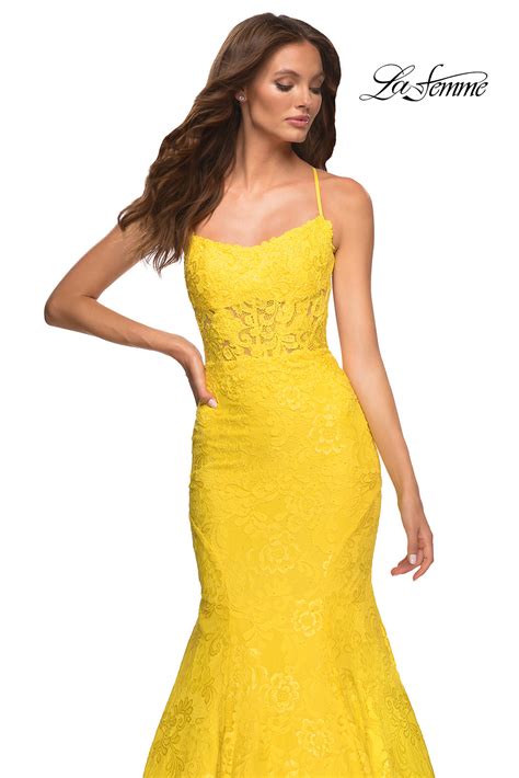 La Femme Long Lace Mermaid Prom Dress