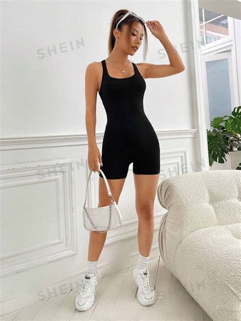 SHEIN EZwear Solid Scoop Neck Tank Unitard Romper SHEIN USA