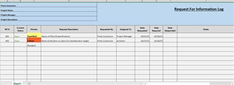 Excel Construction Management Request For Information Log Template