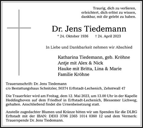 Traueranzeigen Von Jens Tiedemann WirTrauern