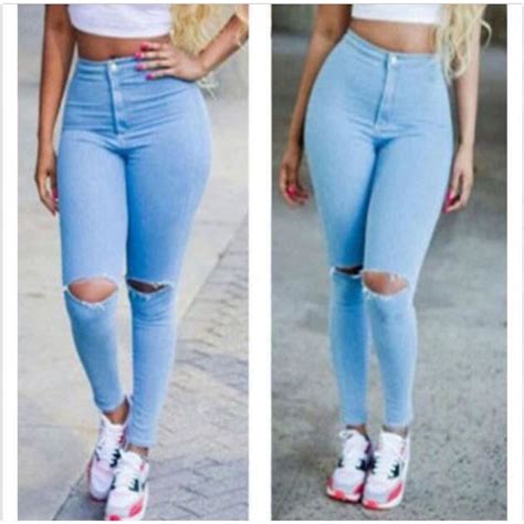 Sexy Pantalon Femmes Denim Skinny Taille Haute Trou Stretch Pantalons