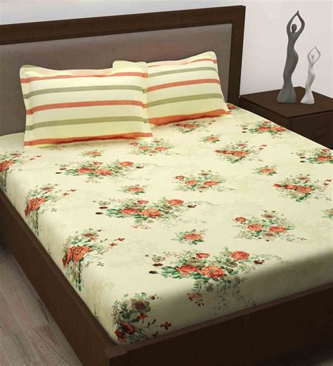 Buy Orange Floral Tc Cotton Queen Sized Bed Sheets With