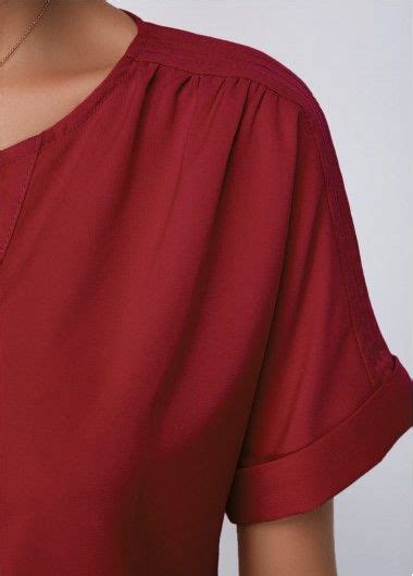 Split Neck Short Sleeve Wine Red Blouse Modlily USD 30 39 Red