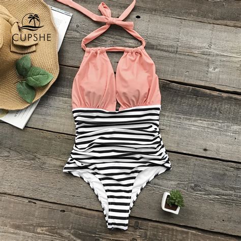 Cupshe Halter One Piece Swimsuit Women Bow Pink Black Stripe Bottom