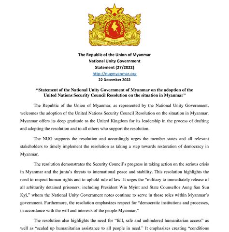 “statement Of The National Unity Government Of Myanmar On The Adoption