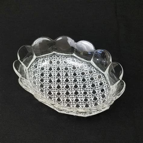 Vintage Pressed Glass Bowl With Scalloped Rim Diamond And Button