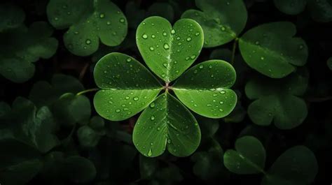 Fond Trèfles à 4 Feuilles Et Gouttes Deau Sur Les Feuilles Fond Image