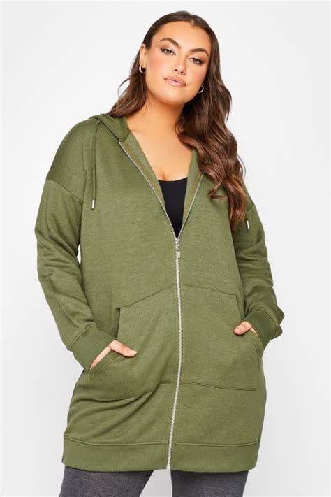 Curve Plus Size Womens Khaki Green Longline Zip Hoodie Yours Clothing