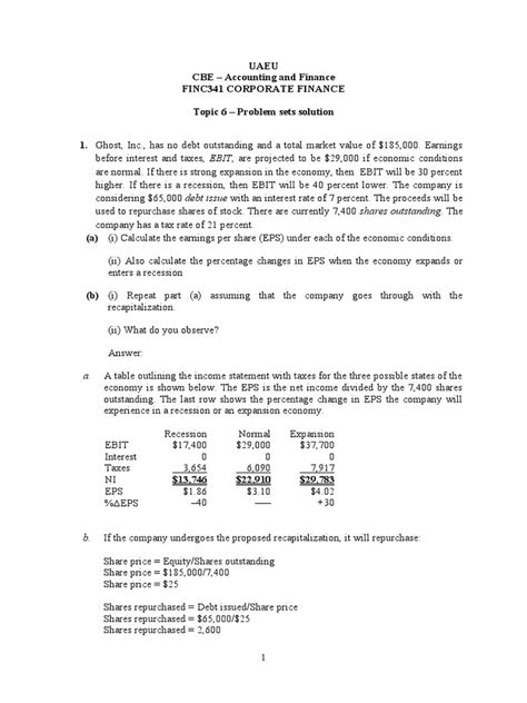 Finc 341 Problem Set Tpc 6 Solutions Pdf Capital Structure Interest