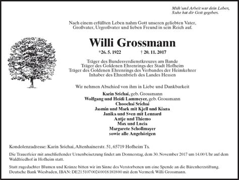 Traueranzeigen Von Willi Grossmann Vrm Trauer De