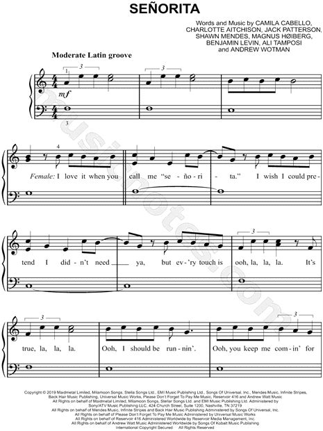 Shawn Mendes And Camila Cabello Señorita Sheet Music Easy Piano In A