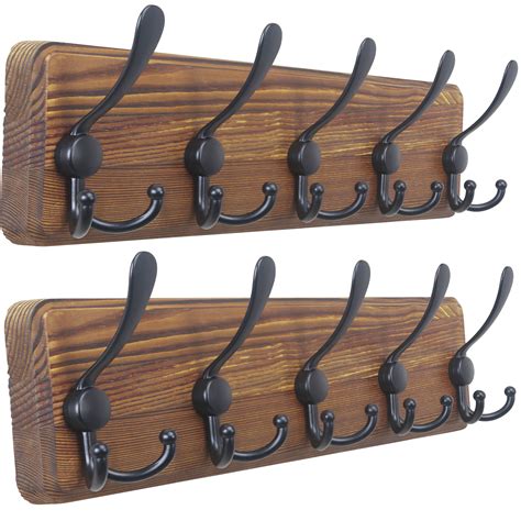 Dseap Wooden Rustic Coat Rack With 5 Tri Hooks Sturdy Vintage Farmhouse Hanger Wall Mount For