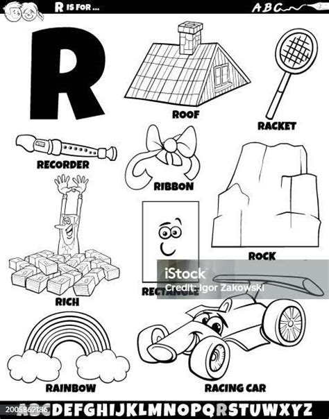 Set Huruf R Dengan Objek Kartun Dan Halaman Mewarnai Karakter Ilustrasi