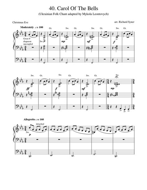 Carol Of The Bells Arranged For Organ Sheet Music For Organ Solo