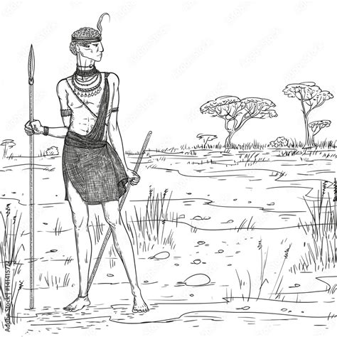 Vector Sketch Illustration Armed Warrior Of The Masai Tribe In