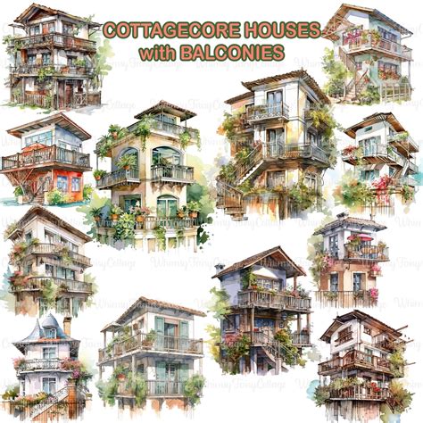 12 Cottagecore Houses With Balcony Clipart Watercolor - Etsy in 2025