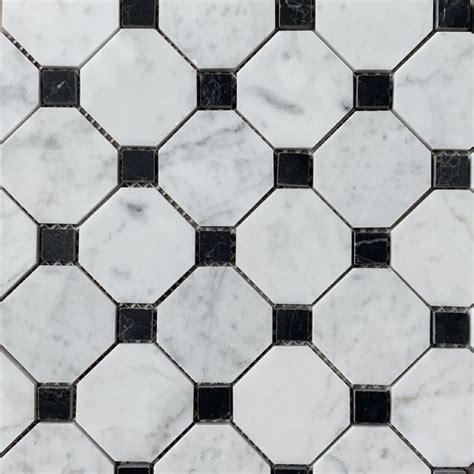 Carrara White Marble 2 Inch Octagon Mosaic Tile W Nero Marquina Black