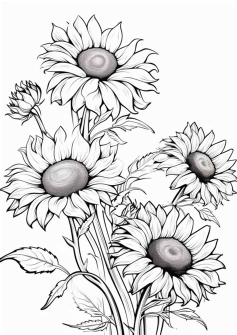 Three Sunflowers Are Shown In This Black And White Drawing With One