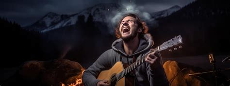 Hombre Canta Y Toca La Guitarra Sentado Junto Al Fuego En La Naturaleza