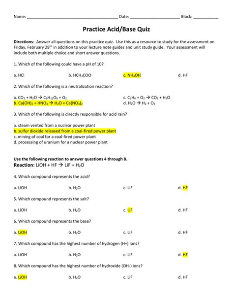 Acid Base Practice Quiz Answers