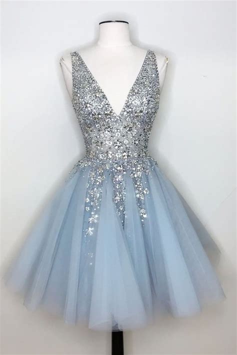 Lp1233 V Neck Light Sky Blue Homecoming Dress With Sequins · Lucky Prom