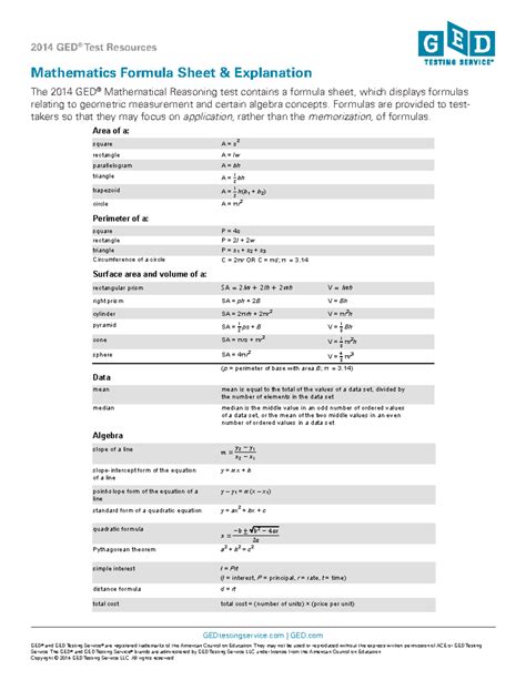 Math formula sheet - GEDtestingservice | GED GED ® and GED Testing Service ® are registered ...