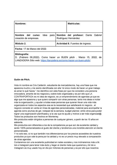 Act 9 ideas Act Nombres Matrículas Nombre del curso Idea para