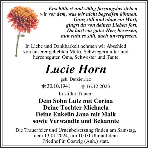 Traueranzeigen Von Lucie Horn Abschied Nehmen De