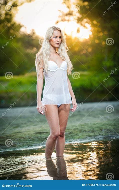 Blonde Woman In Lingerie In A River Water Stock Image Image Of