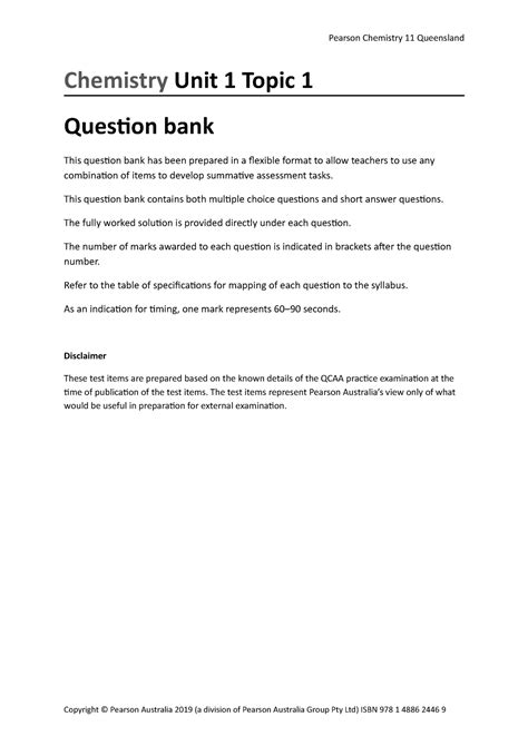 Pearson Chemistry Queensland Chemistry Unit Topic Question Bank