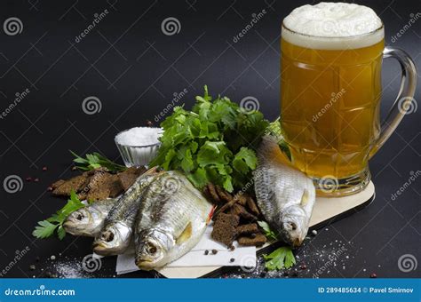 Dried River Fish Rye Croutons Coriander Beer Mug Stock Photo Image Of