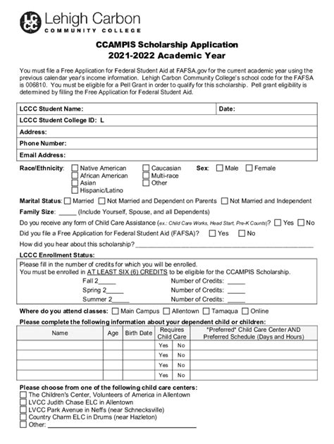 Fillable Online CCAMPIS Scholarship Application LCCC Fax Email Print