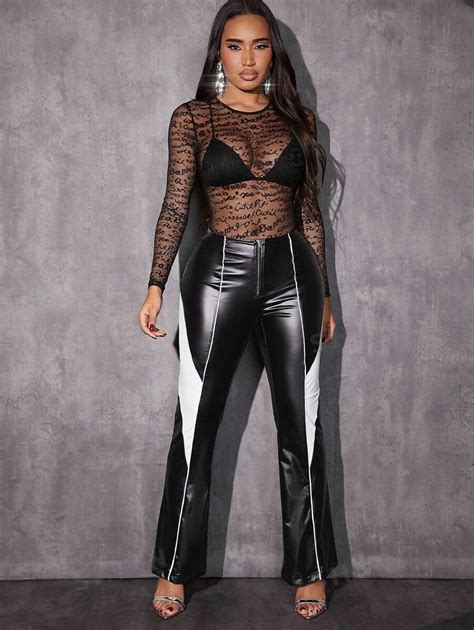 SHEIN SXY Spring Letter Pattern Transparent Mesh Black Tight And Sexy