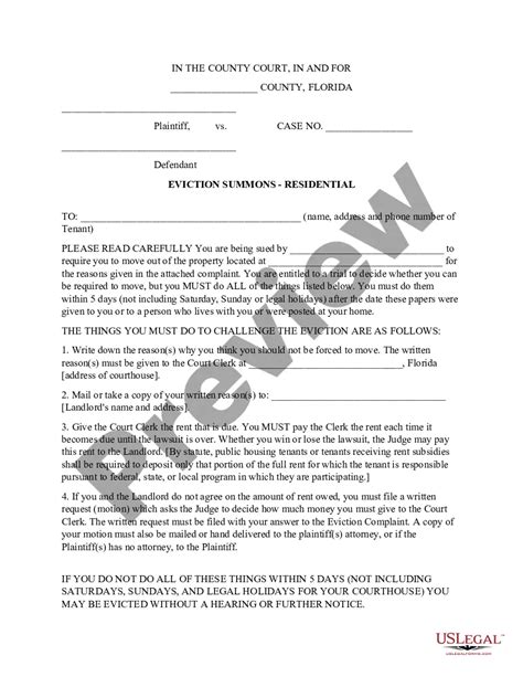 Florida Residential Eviction Summons Eviction Process In Florida Us