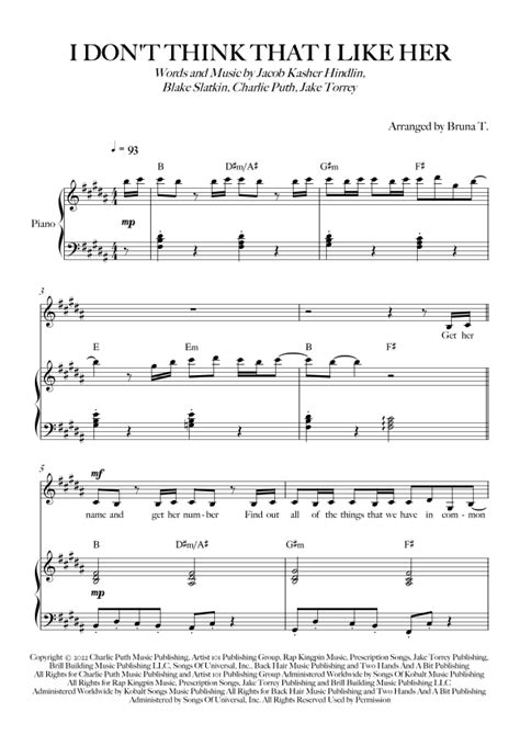 I Dont Think That I Like Her Arr Bruna T By Charlie Puth Sheet Music For Piano And Vocal At