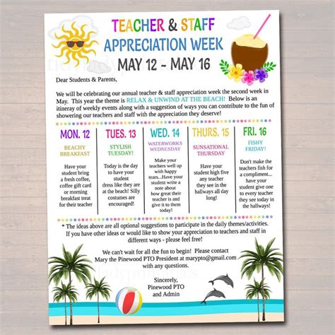 Editable Beach Theme Teacher Appreciation Staff Invitation Newsletter