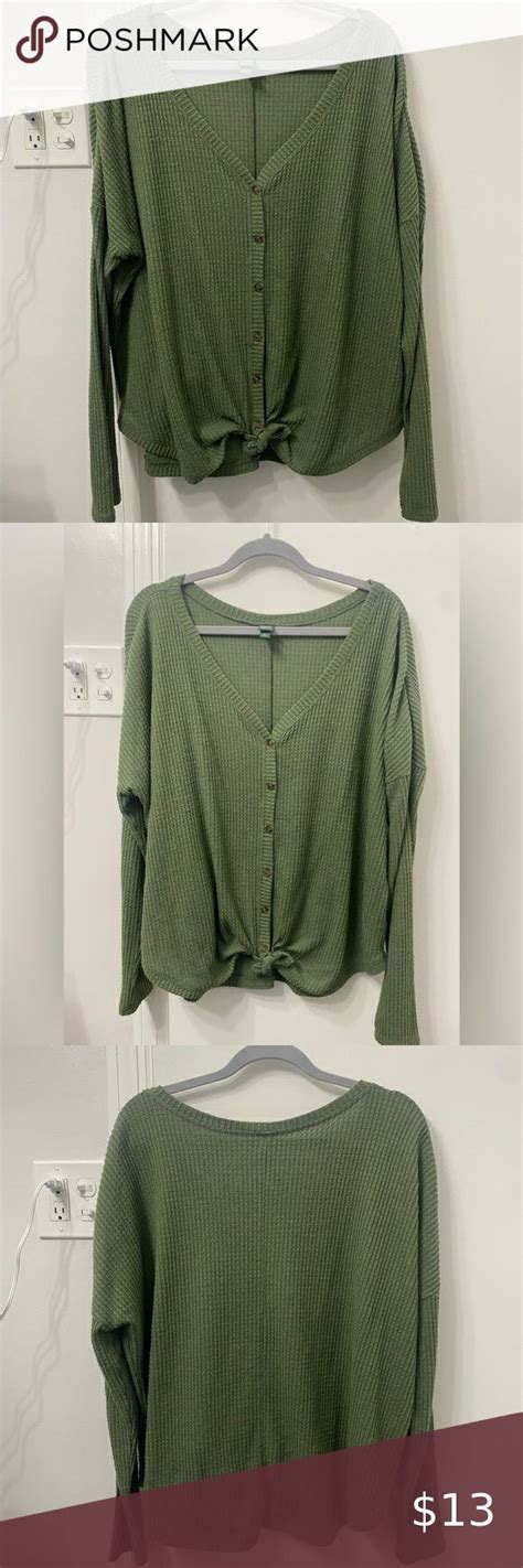 Wild Fable Knot Front Waffle Knit Top Olive Green Waffle Knit Top