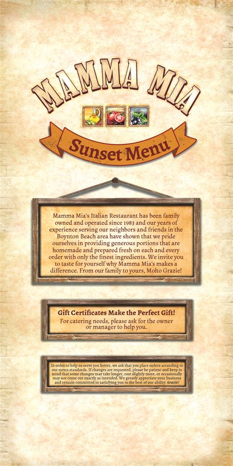 Sunset Menu Mamma Mia Italian Restaurant Pizzeria Of Boynton Beach