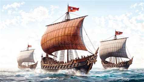 Three Medieval Ships Sailing Through A Sea Stock Illustration