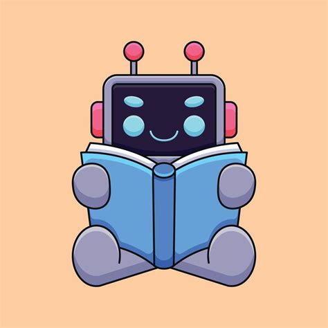 Cute Robot Reading Book Cartoon Mascot Doodle Art Hand Drawn Concept