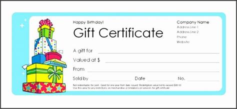 a birthday gift certificate with presents on top and the words happy ...