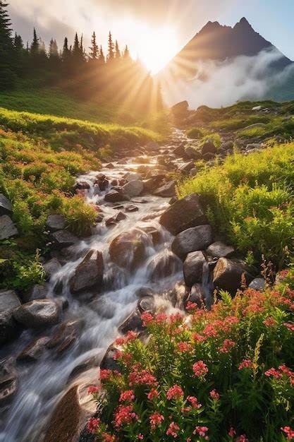 Premium AI Image | A beautiful sunrise over a mountain stream.