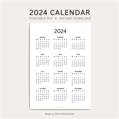 Leap Year 2024 Printable Calendar, Full-year Calendar Planner, Monday ...