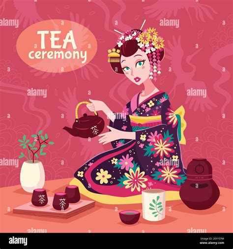 Tea Ceremony Poster With A Woman In National Dress Making A Delicious Cup Of Tea Vector