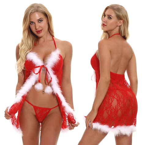 Htwon Christmas Sexy Lingerie Santa Costume Babydolls Lace Chemise Red