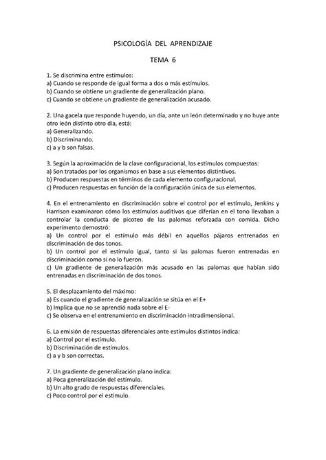 Examen Psicología del Aprendizaje Tema 6 Autoevaluación preguntas y