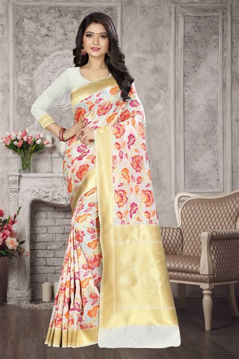 White Woven Kanchipuram Silk Saree With Blouse Sharaa Ethnica 3067495