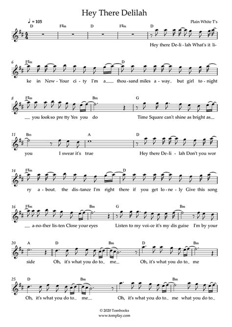 Hey There Delilah Plain White Ts Vocal Sheet Music 58 Off