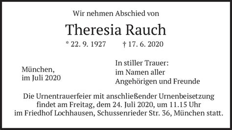 Traueranzeigen Von Theresia Rauch Trauer Merkur De